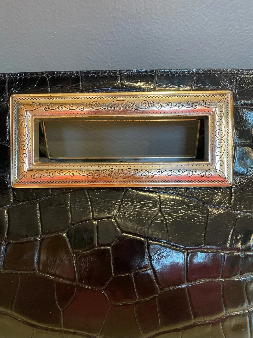BRIGHTON Vintage Large Leather Clutch Purse Croc Embossed Metal Frame Handle